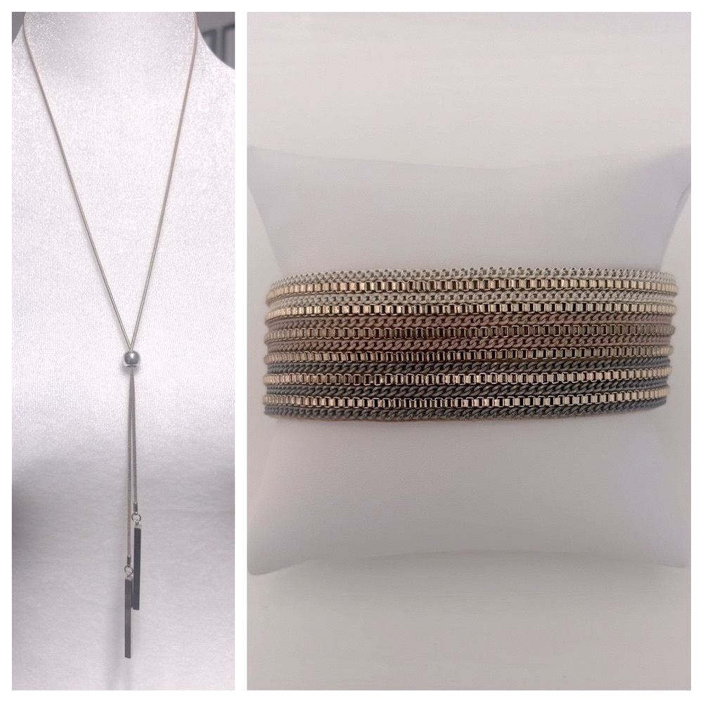 Adjustable Gold and Silver Lariat and Matching Leather Chain Wrap Bracelet